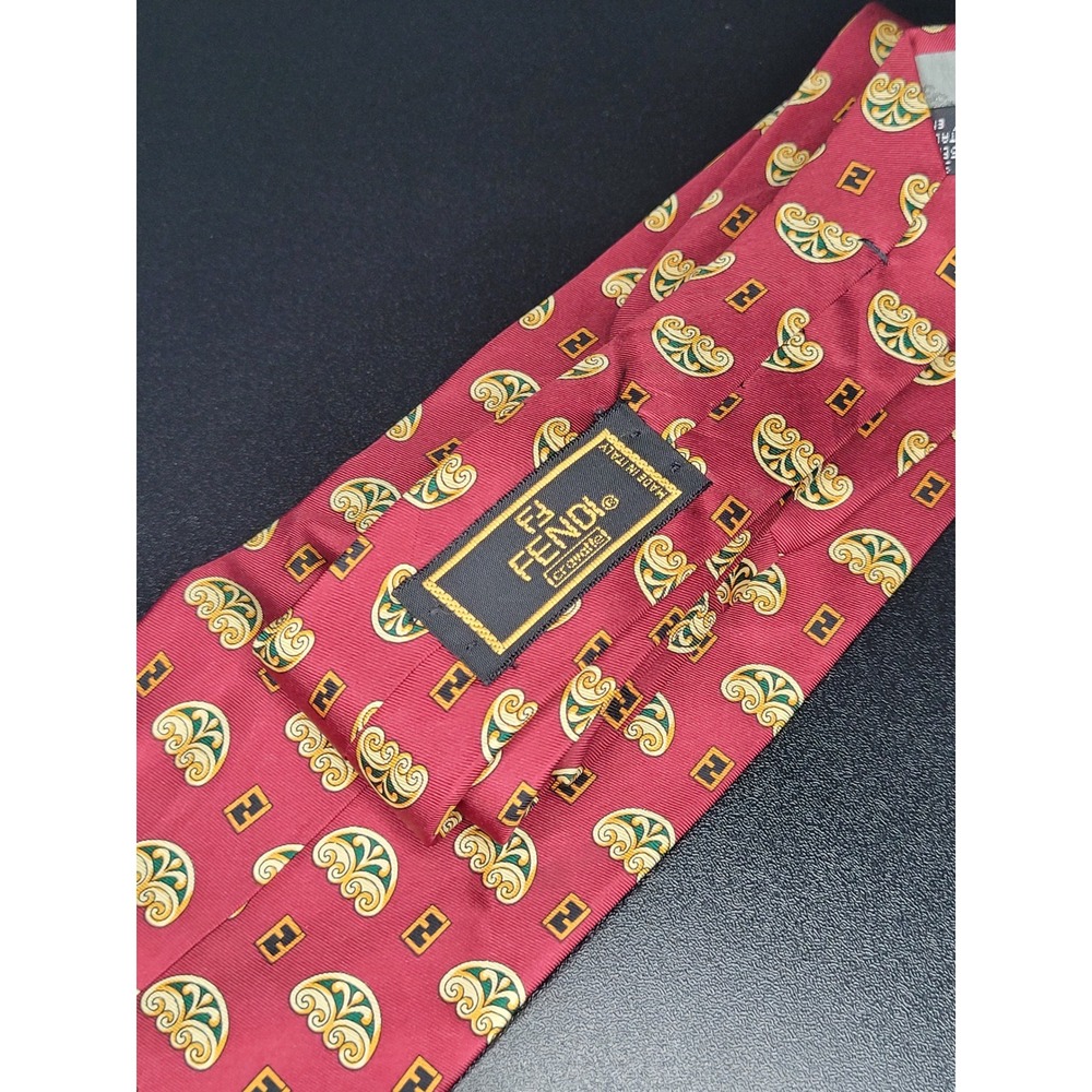 Fendi Cravatte Silk Necktie Burgundy Yellow Green FF Logo Scroll Italy